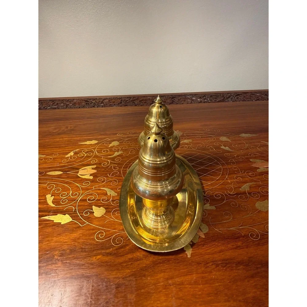Vintage Brass Salt and Pepper‎ Shaker Set with Tray